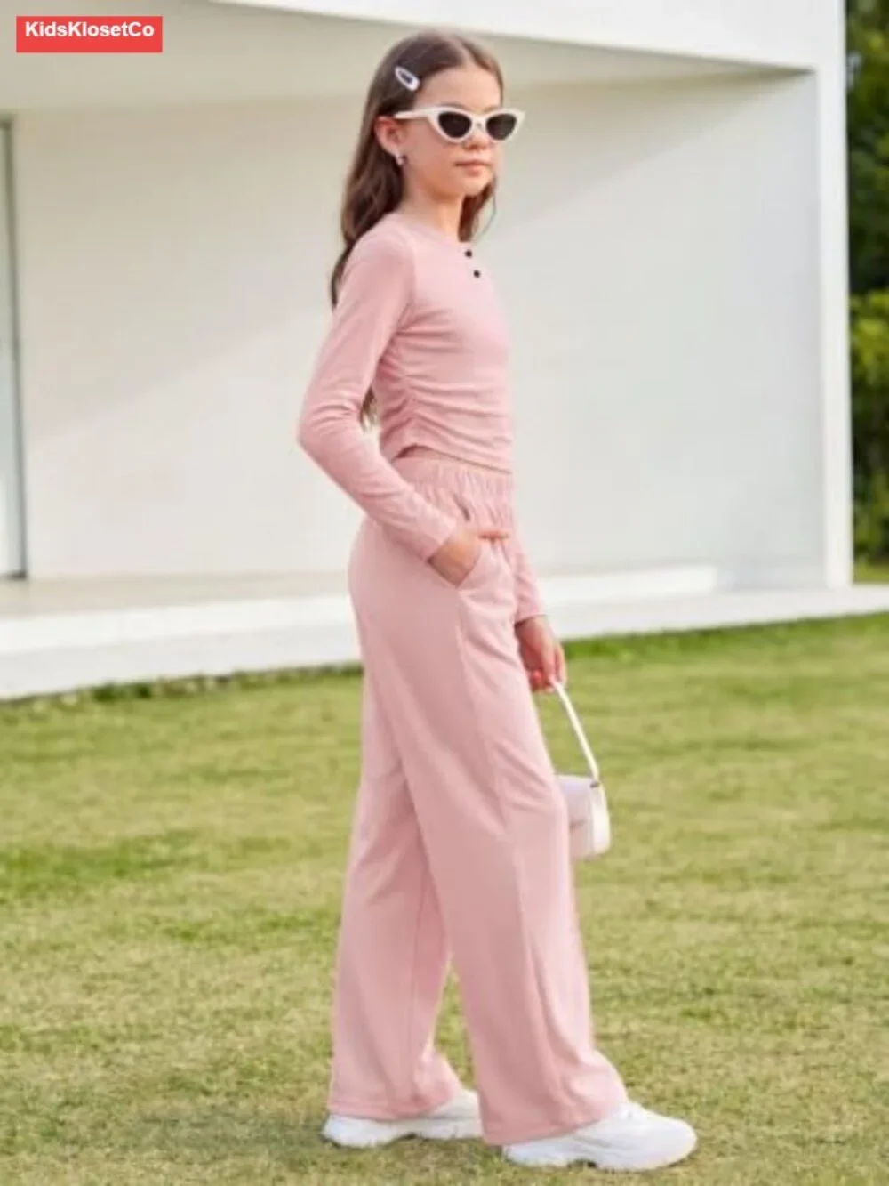 Girls 2 Piece Lounge Set Ribbed Ruched Top Wide Leg Pants